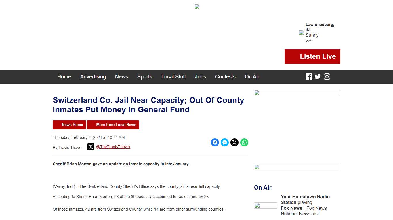 Switzerland Co. Jail Near Capacity; Out Of County Inmates Put Money In General Fund - Eagle Country 99.3